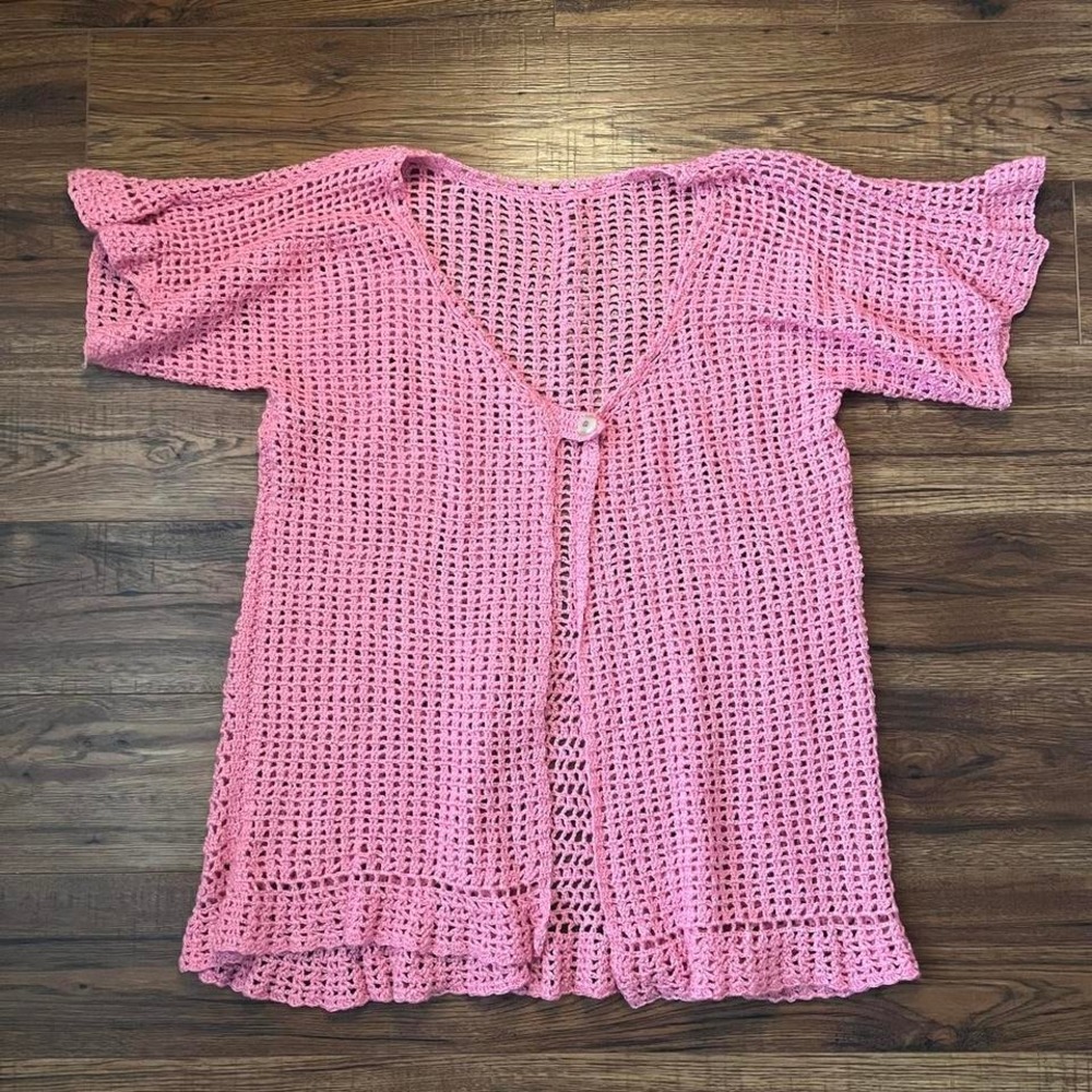 Vintage Handmade Pink Crochet Cardigan Open Front Boho Y2K M/L‎ Boho Coquette